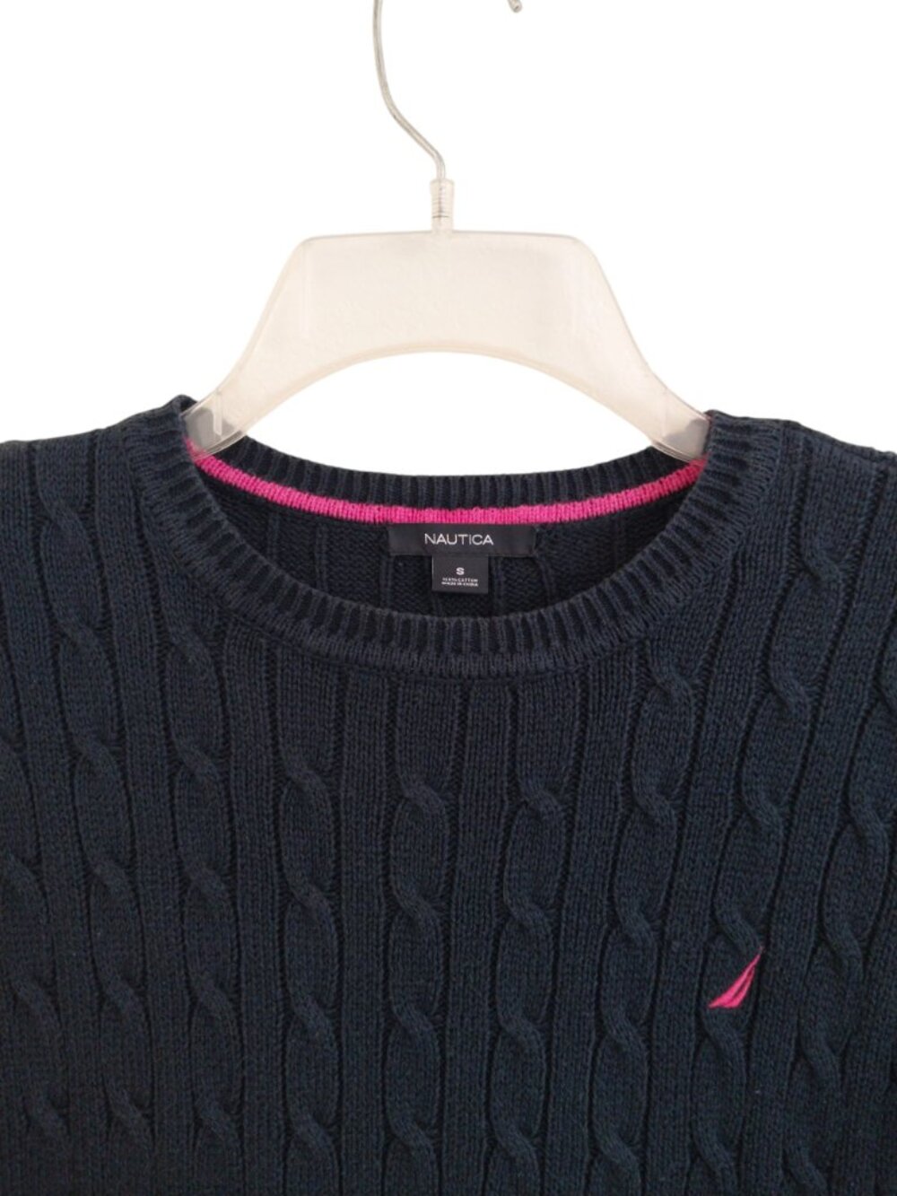 Nautica Navy Cable Knit Short Sleeve Sweater Top with Pink Logo Like New Size S - Picture 2 of 7